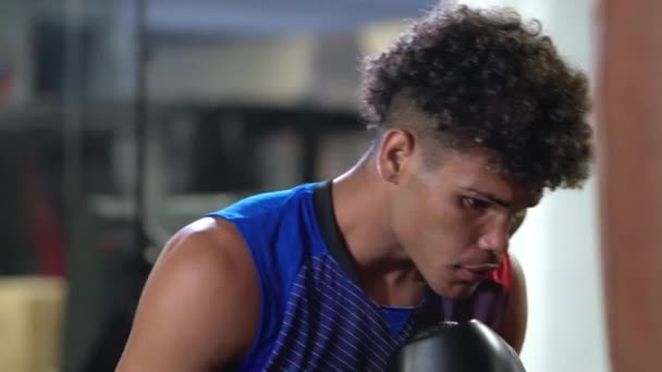 プロのブラックボクサーはボクシングトレーニングセンターでパンチバッグを打つ 腕パンチを練習若いアフリカ系アメリカ人の肖像画のショット — ストック動画