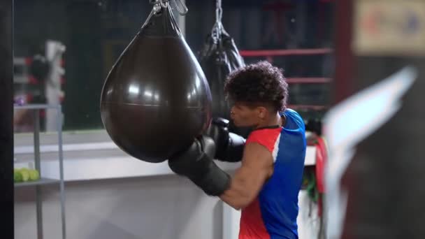 Filmagem Câmera Lenta Boxeador Profissional Hispânico Treinando Ginásio Boxe Exercitando — Vídeo de Stock