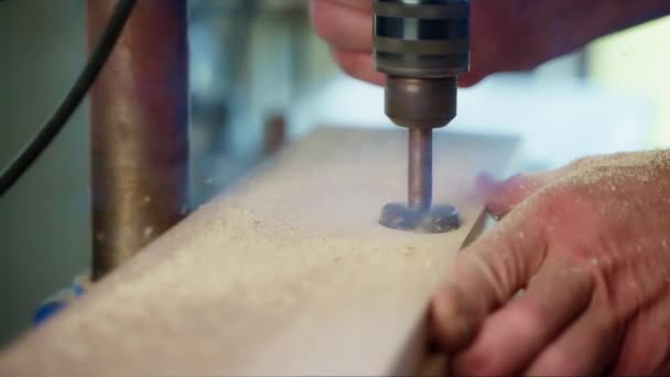 Slow Motion Close Shot Milling Wooden Board Electric Tool Processing — Stock Video