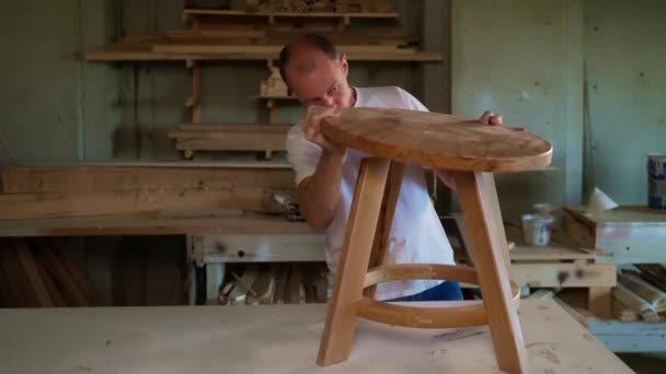 Joiner Making Little Wooden Table Workshop Installing Tabletop Hobby Handmade — Stock Video