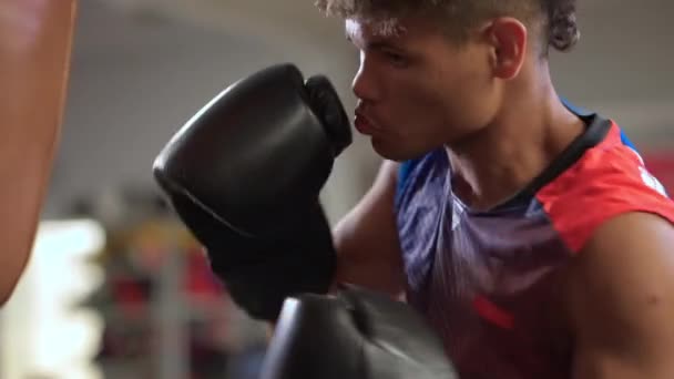 Fotografía Cámara Lenta Deportista Latino Haciendo Ejercicio Gimnasio Boxeo Boxeador — Vídeos de Stock