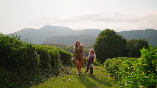 Lassú Mozgású Felvétel Egy Fiatal Anyukáról Gyönyörű Kislányával Aki Zöld — Stock videók