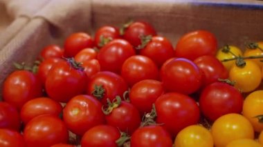 Market veya pazarın vitrininde kırmızı ve sarı domatesler, yakın görüş, taze organik tarım sebzeleri, vejetaryenlik ve sağlıklı beslenme