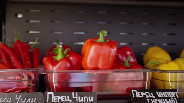 Közelkép Zöldséges Polcról Különböző Paprikákkal Nevükkel Árcédulákon Chili Paprika Piros — Stock videók