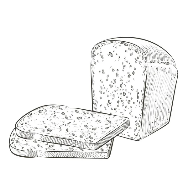 Ψωμί κομμένο σε φέτες. Το κομμένο καρβέλι ψωμί τοστ για σάντουιτς. Λογότυπο, εικονίδιο. Σκίτσο ρεαλιστική γραμμή vintage εικονογράφηση — Διανυσματικό Αρχείο