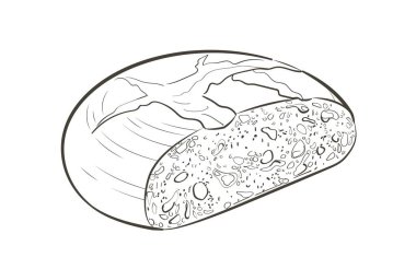 Bir somun ekmek. Çavdar ekmeği ya da tam tahıllı ekmek. Logo, simge. Eskiz gerçekçi çizgi klasik çizimi