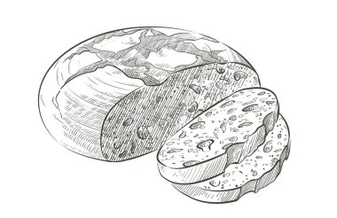 Bir somun ekmek. Çavdar ekmeği ya da tam tahıllı ekmek. Logo, simge. Eskiz gerçekçi çizgi klasik çizimi