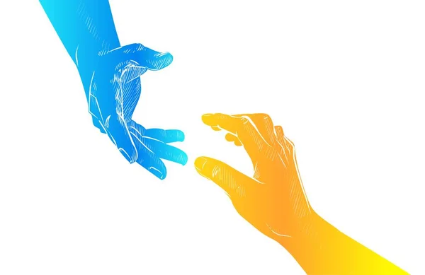 Concetto di mano vettoriale. Gesto, segno di aiuto e logo della speranza. Due mani che si prendono l'un l'altra, colori di bandiera gialla blu. Sostenere i rifugiati ucraini. Aiutare l'Ucraina. — Vettoriale Stock
