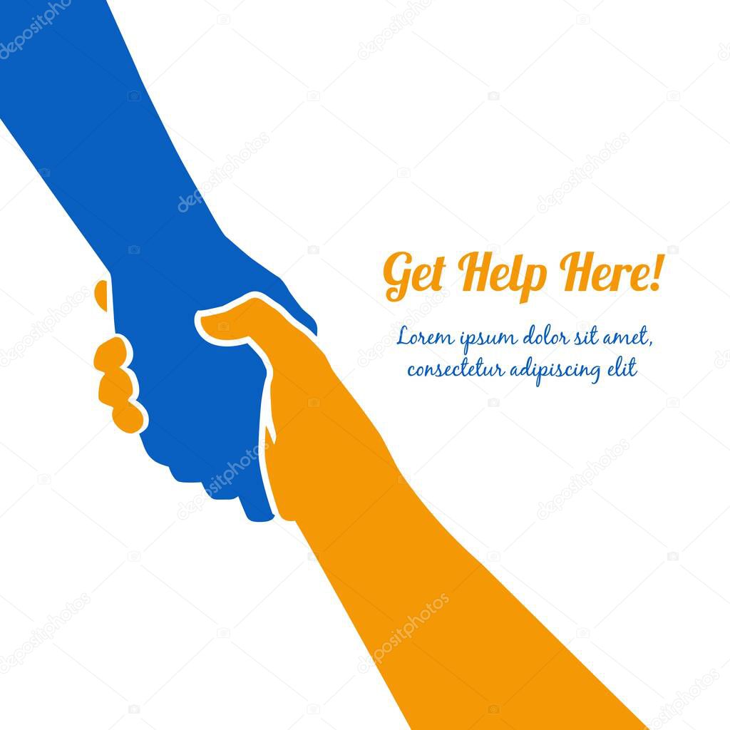Vector hand concept. Gesture, sign of help and hope logo. Two hands taking each other, blue yellow flag colors. Support ukrainian refugees. Helping Ukraine.