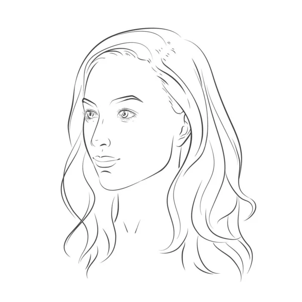 Woman face. Young beautiful girl with curly long wavy hair curls. Volume, haircut, hairdressing, hairstyle. Care and beauty. Vector Black and white line sketch illustration portrait. — Stock Vector