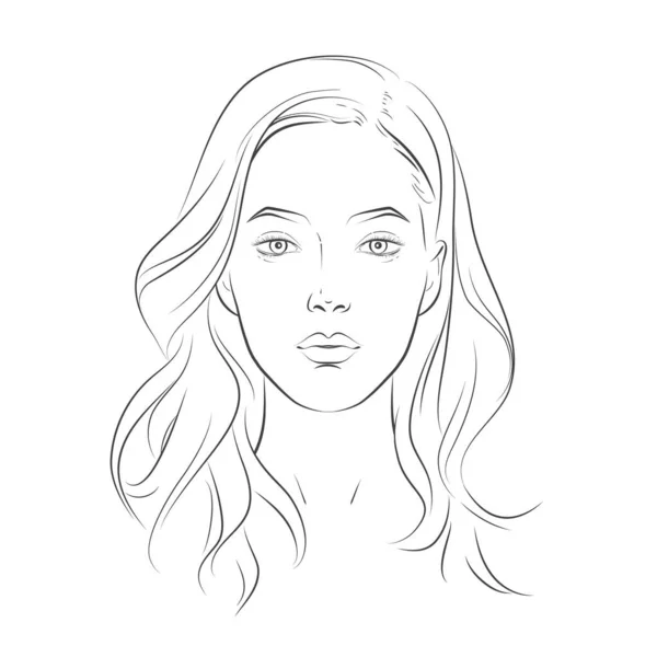 Woman face. Young beautiful girl with curly long wavy hair curls. Volume, haircut, hairdressing, hairstyle. Care and beauty. Vector Black and white line sketch front illustration portrait. — Archivo Imágenes Vectoriales