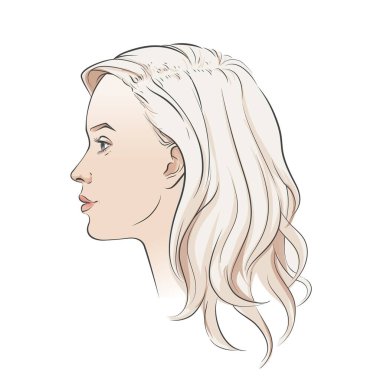 Woman face. Young beautiful girl with curly long wavy hair curls. Volume, haircut, hairdressing, hairstyle. Care and beauty. Vector Black and white line sketch illustration portrait.