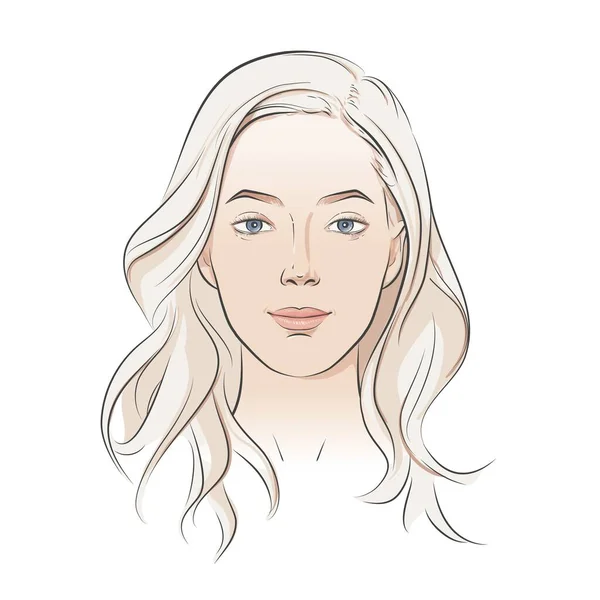 Woman face. Young beautiful girl with curly long wavy hair curls. Volume, haircut, hairdressing, hairstyle. Care and beauty. Vector Black and white line sketch illustration portrait. — Image vectorielle