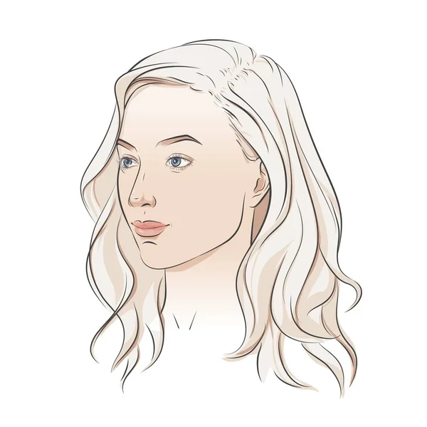 Woman face. Young beautiful girl with curly long wavy hair curls. Volume, haircut, hairdressing, hairstyle. Care and beauty. Vector Black and white line sketch illustration portrait. — Vetor de Stock