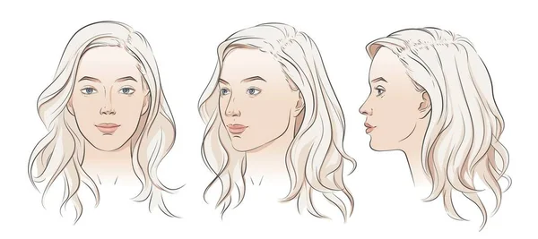 Vector woman face. Set of three different angles. Different view front, profile, three-quarter of a girl face. — Stock Vector