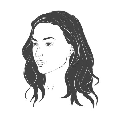 Kadın yüzü. Kıvırcık uzun dalgalı kıvırcık saçlı güzel bir kız. Cilt, saç kesimi, kuaförlük, saç stili. İlgi ve güzellik. Vektör Siyah ve Beyaz Çizgi Çizim Portresi.