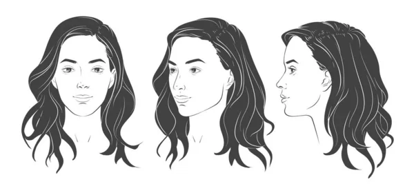 病媒妇女的脸 不同的视角 一套头像描绘了一个有着长长的波浪般的卷发的小女孩 三维正面 四分之三 卷发风格 现实的线条草图说明 — 图库矢量图片