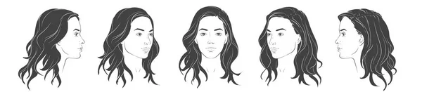 Cara Mulher Vectora Cinco Ângulos Visão Diferentes Conjunto Retratos Cabeça —  Vetores de Stock