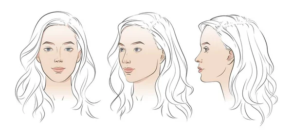 Vector Woman Face Different Angle View Set Head Portraits Young — Vettoriale Stock