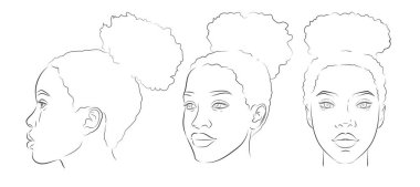 Afro-Amerikalı kadın yüzü. Koyu tenli kadın portresi. Farklı açılar öne, profile, üç çeyrek tura. Vektör gerçekçi çizim çizimi çizimi