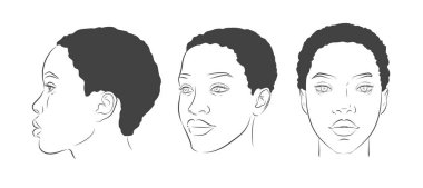 Afro-Amerikalı kadın yüzü. Koyu tenli kadın portresi. Farklı açılar öne, profile, üç çeyrek tura. Vektör gerçekçi çizim çizimi çizimi