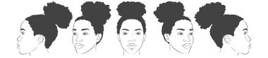 Afro-Amerikalı kadın yüzü. Koyu tenli kadın portresi. Farklı açılar öne, profile, üç çeyrek tura. Vektör gerçekçi çizim çizimi çizimi