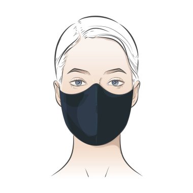Yüz maskesi. N95, cerrahi, FFP1, ev yapımı, DIY, karbon, güvenli nefes alma, moda, toz için bez, pamuk ve sünger maskesi, koronavirüsten korumak için hava kirliliği. Vektör gerçekçi illüstrasyon