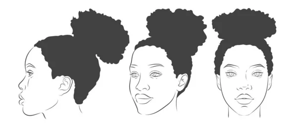 Tvář Afroameričanky Sada Portrétů Tmavovlasých Žen Různé Úhly Pohledu Zepředu — Stockový vektor