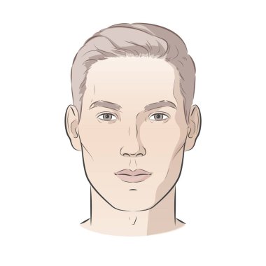Vektör adam suratı. Moda saçı olan yakışıklı genç bir erkek ciddi bir ifadeye sahip. Ön portre. Siyah çizgi gerçekçi klasik illüstrasyon.