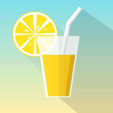 Juice glass icon with lemon slice. Flat design. long shadow. Vector