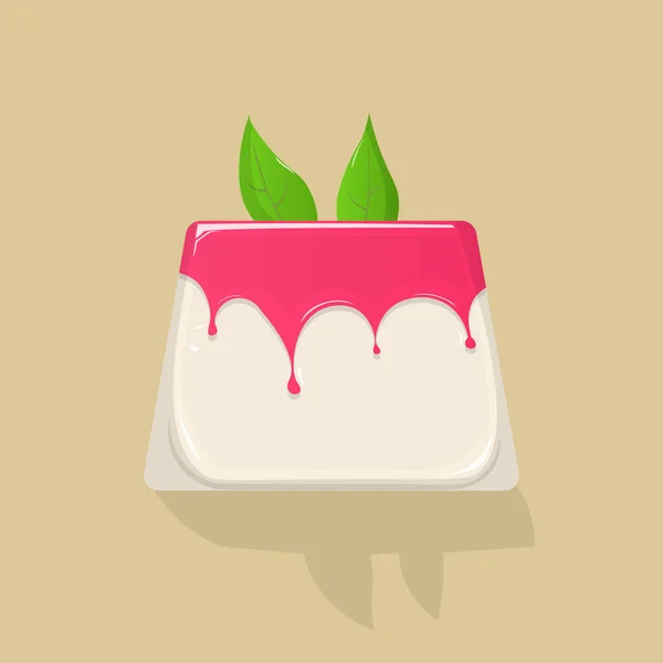 Panna Cotta Strawberry Jam Mint Leaves Italian Dessert Flat Line — Image vectorielle