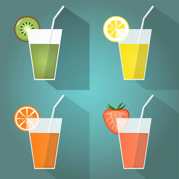 Set Juice Glasses Cocktails Icon Lemon Kiwi Orange Strawberry Slices — Image vectorielle