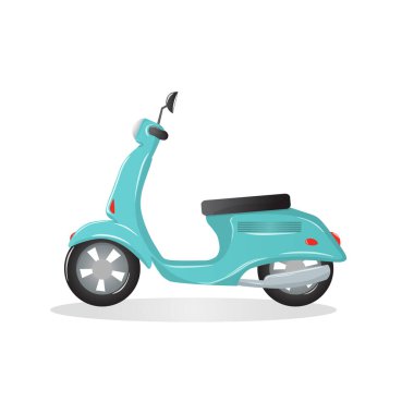 Mavi retro scooter. Yan görüş. Eski bir motosikletin detaylı görüntüsü. Moped vektör illüstrasyonu beyazda izole edildi. Nakliye aracı. Tasarım elemanı. Çıkartmalar, çıkartmalar, hatıra defterleri için.