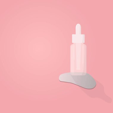 Pembe arka planda taşın üzerine bir şişe yüz serumu, kopyalama alanı. Düz vektör illüstrasyonu
