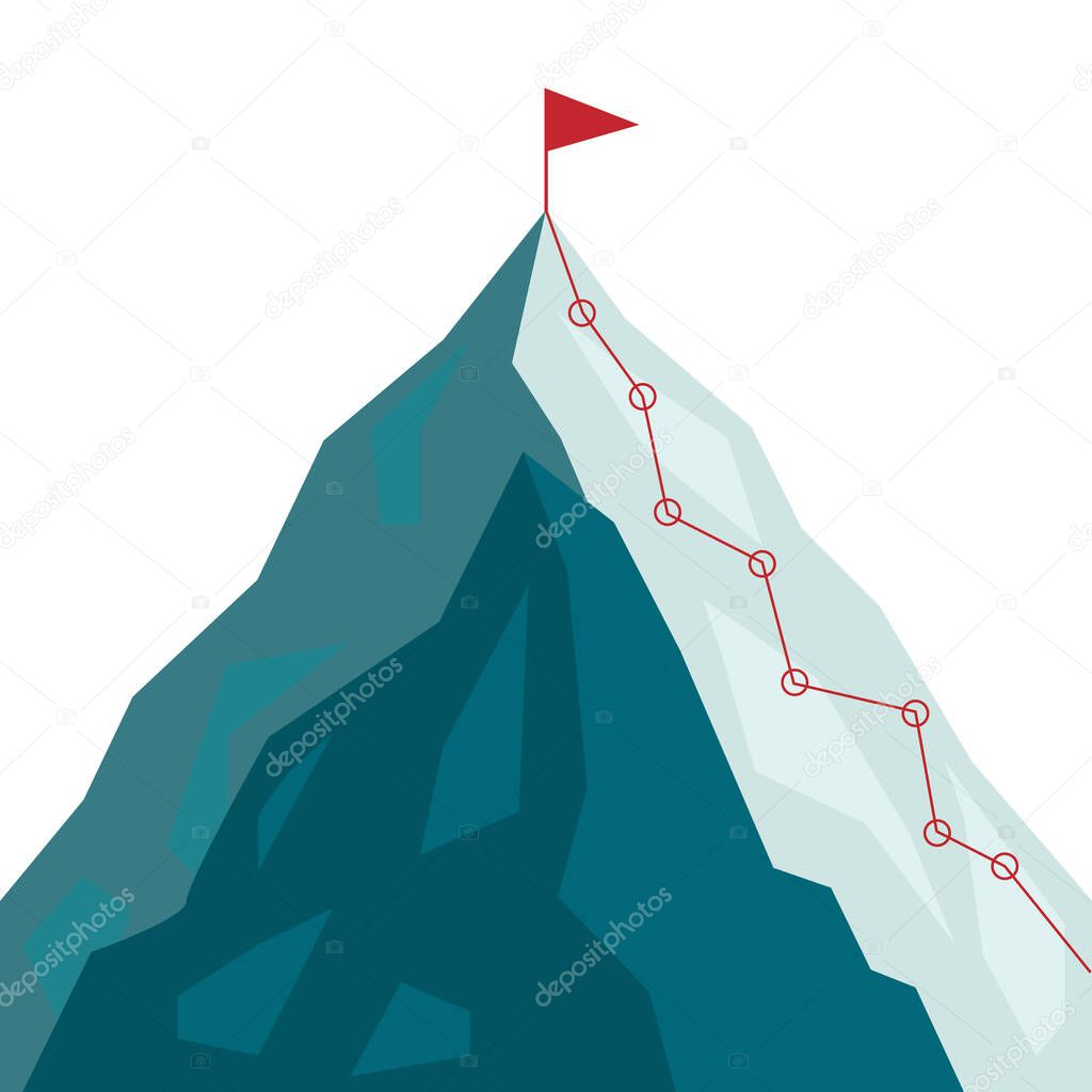 Mountain climbing route to peak in flat style. Business journey path in progress to success vector cartoon illustration. Mountain peak, climbing route to top rock illustration