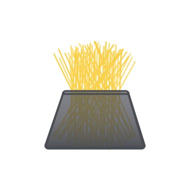 Beyaza izole edilmiş gri şeffaf cam bir depoda çok renkli İtalyan spagettisi. Mutfak çevre dostu konteynır. vektör karikatür çizimi