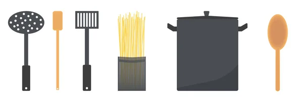 Set Edény Eszközök Főzés Spagetti Vektor Lapos Rajzfilm Illusztráció — Stock Vector