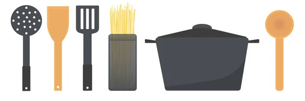 Conjunto Utensílios Ferramentas Para Cozinhar Espaguete Vetor Plana Desenho Animado — Vetor de Stock
