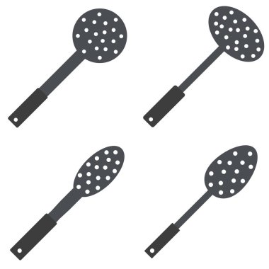 Kitchenware Steel Slotted Spoon Holes Ladle seti. vektör karikatür çizimi. Mutfak Aletleri. Logo ya da imza elementi.