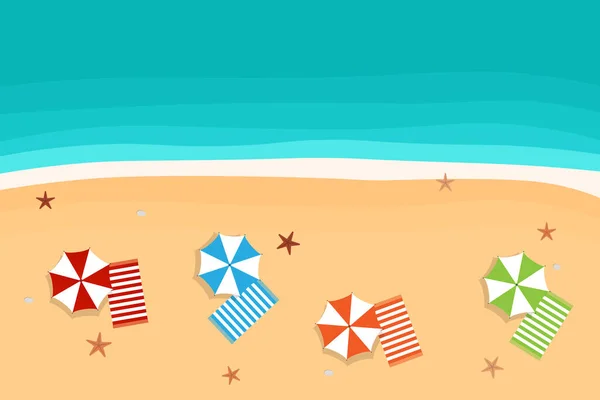 砂の上に色の傘やタオルと美しいビーチ トップ表示ベクトル漫画イラスト — ストックベクタ