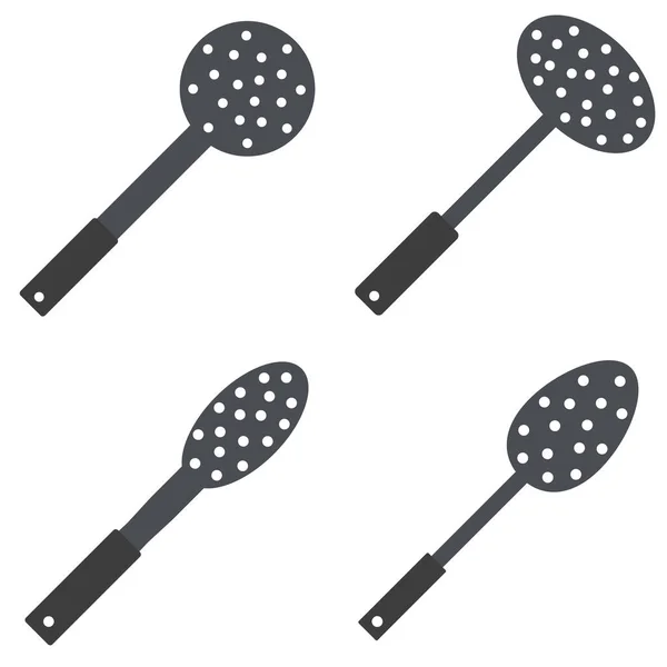 Set Kitchenware Steel Skimmer Slotted Spoon Holes Ladle Vector Cartoon — Stock Vector