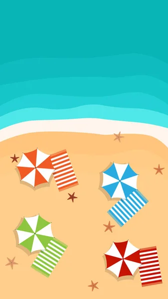 Beautiful Beach Color Umbrellas Towels Sand Top View Vector Cartoon — Stock Vector