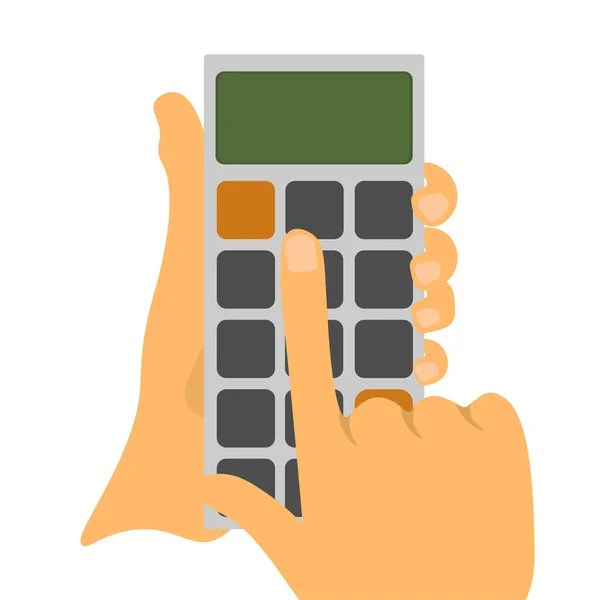 手押し 電卓のアイコンを使用して 会計計算 指でボタンを押す 会計の概念 白い背景に隔離されたフラットベクトル漫画のイラスト — ストックベクタ