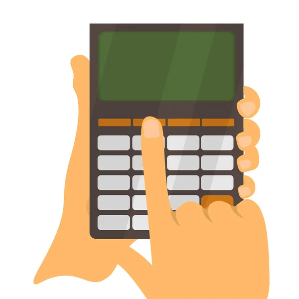 手押し 電卓のアイコンを使用して 会計計算 指でボタンを押す 会計の概念 白い背景に隔離されたフラットベクトル漫画のイラスト — ストックベクタ