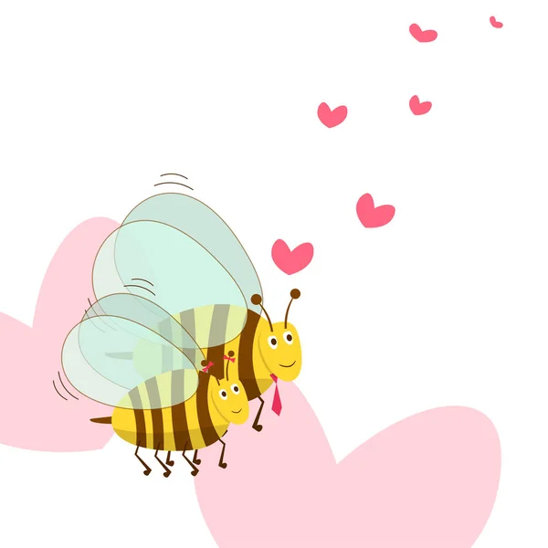白い背景のベクトルイラストにかわいい蜂の漫画やハートサインシンボルでバレンタインデーの背景 愛の蜂 — ストックベクタ