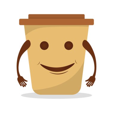 Sevimli, mutlu kahve fincanı. Vektör düz çizgi film karakteri çizim simgesi. Beyaz arkaplanda izole edildi. Kahveniz hazır, konsepti kaldırın.