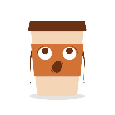 Güzel sürpriz kahve fincanı. Vektör düz çizgi film karakteri çizim simgesi. Beyaz arkaplanda izole edildi. Kahveniz hazır, konsepti kaldırın.