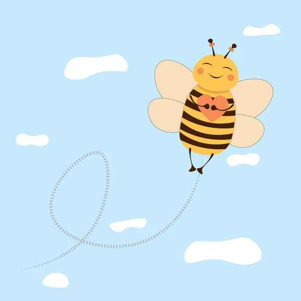 Cute Honey Bee Gospodarstwa Czerwone Serce Piękne Latające Owady Postać — Wektor stockowy