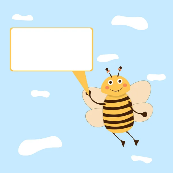 Roztomilý Med Včela Držení Znamení Půvabný Létající Hmyz Znak Karikatura — Stockový vektor