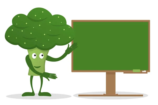 Lindo Personaje Dibujos Animados Brócoli Verde Con Tablero Verde Ilustración — Vector de stock